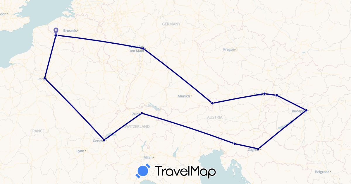 TravelMap itinerary: driving in Austria, Switzerland, Germany, France, Croatia, Hungary, Slovenia, Slovakia (Europe)